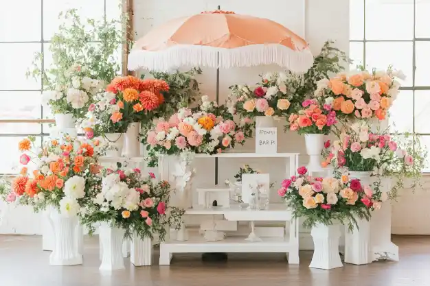 A bright and cheerful floral bar setup with vibrant blooms arranged under an orange fringed umbrella in a well-lit room