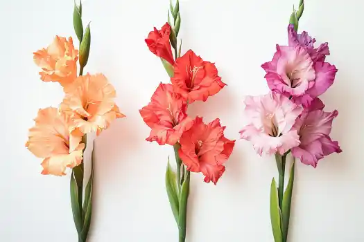 Three single gladiolus stems in pastel shades of orange, red, and purple, isolated against a white background, emphasizing their delicate textures and details.