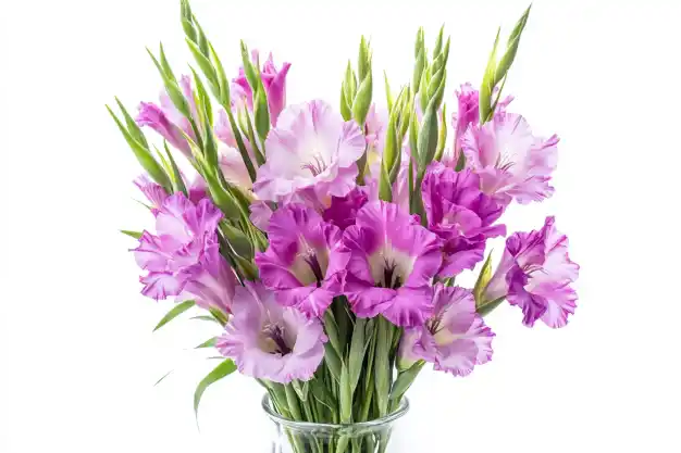 A bouquet of light purple gladiolus blooms arranged in a glass vase, with lush green stems and unopened buds, set against a pure white background, highlighting their fresh and cheerful appearance.