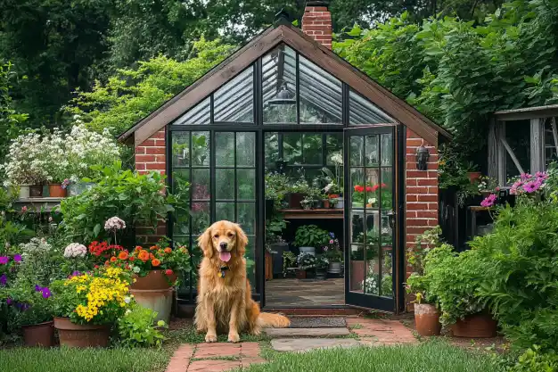 A cozy greenhouse with a red brick exterior, surrounded by vibrant flowers and a cheerful golden retriever sitting at the entrance.