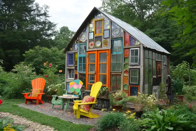 An artistic greenhouse made of colorful salvaged windows, featuring bright orange doors, Adirondack chairs, and a garden patio adorned with blooming plants.