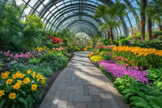 A grand botanical garden conservatory with a glass dome, lined with lush tropical plants and vibrant flower beds on either side of a paved walkway.