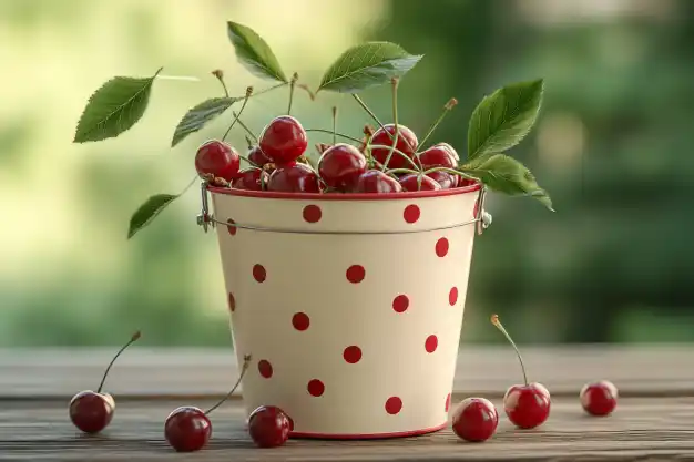 A cream-colored metal bucket with red polka dots, filled with fresh red cherries and green leaves. Some cherries are scattered around the bucket, sitting on a wooden surface with a softly blurred green background.