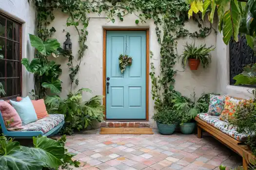 A Mediterranean-style courtyard featuring a turquoise door surrounded by lush ivy and potted greenery, with inviting benches and vibrant cushions.