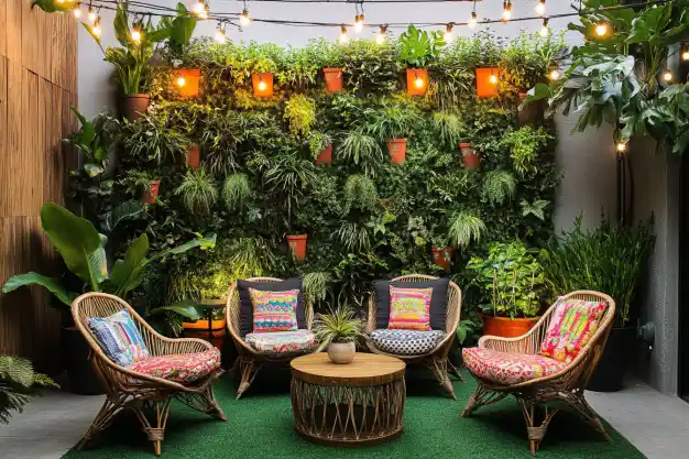 A vibrant vertical garden with potted plants against a wooden wall, complemented by cozy rattan furniture and soft lighting for a relaxing outdoor lounge.