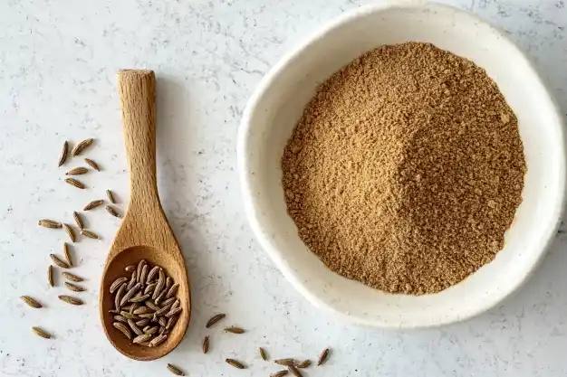 A white ceramic bowl filled with ground cumin powder placed on a marble surface, alongside a wooden spoon holding whole cumin seeds and scattered seeds around it.