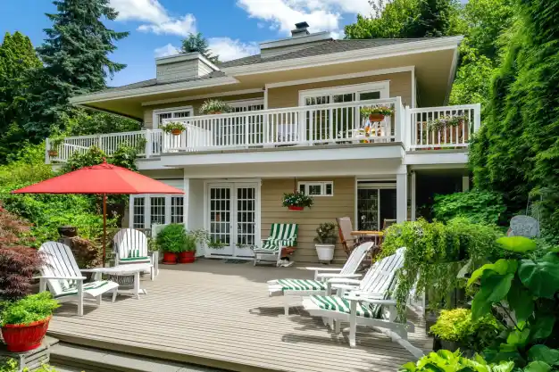 A spacious wooden deck featuring Adirondack chairs with striped cushions, red umbrellas, and lush greenery, attached to a two-story house with a balcony