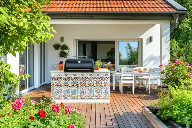 A charming backyard patio with a decorative tiled outdoor grill, surrounded by vibrant flowers and a dining area under a tiled roof.