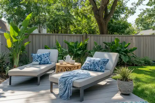 Two lounge chairs with blue patterned cushions on a wooden deck surrounded by lush greenery, creating a serene backyard retreat.