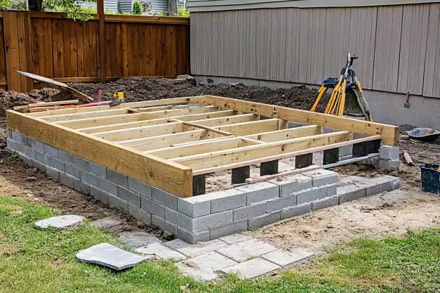 A backyard construction site showing the early stages of a deck being built, with a wooden frame supported by cinder block pillars, surrounded by grass.