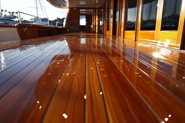  A close-up view of a glossy varnished wooden deck, with water droplets reflecting sunlight, suggesting a polished and waterproof finish.