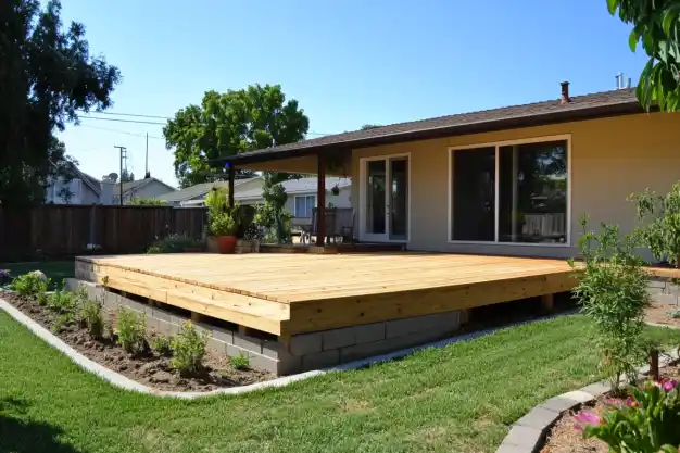 A completed wooden deck in a residential backyard, surrounded by a well-maintained garden with green grass and colorful plants, attached to a house with large glass doors.