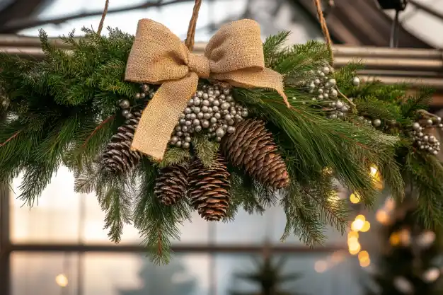 Festive Christmas greenery arrangement with pinecones, silver berries, and a burlap bow, hanging in a cozy, warmly lit space. 🎄✨