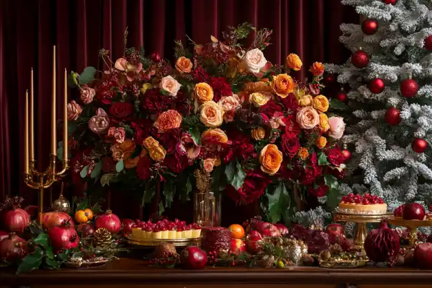 A grand floral arrangement featuring red, orange, and pink roses, complemented by festive decorations like pomegranates, candles, and Christmas ornaments, displayed against a rich burgundy backdrop.