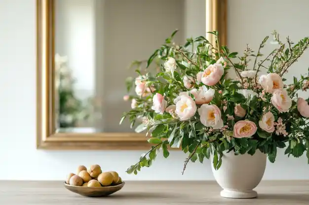 A simple yet elegant floral arrangement of pale pink roses in a white vase, placed on a wooden table with a bowl of yellow pears, and reflected in a golden-framed mirror in the background.