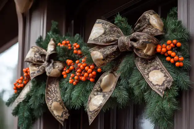 Elegant Christmas garlands adorned with brown bows and bright orange berries hanging on a wooden doorway. 🍊🎀🌲