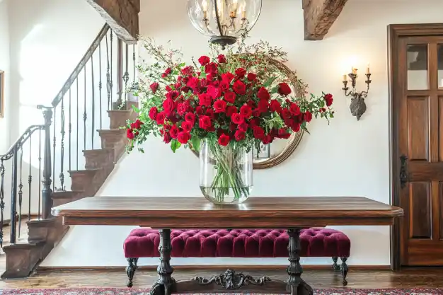 A striking arrangement of vibrant red roses in a large glass vase, set on a polished wooden table with a plush red bench underneath, within a classic interior featuring rustic beams and a grand staircase