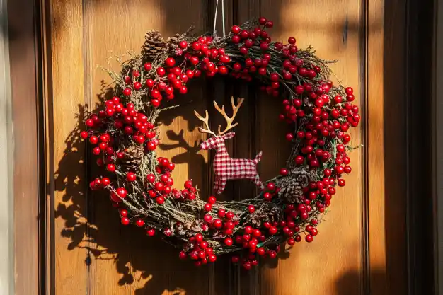 Red berry Christmas wreath with a rustic reindeer ornament, hanging on a wooden door under soft sunlight. 🎅🔴🌿