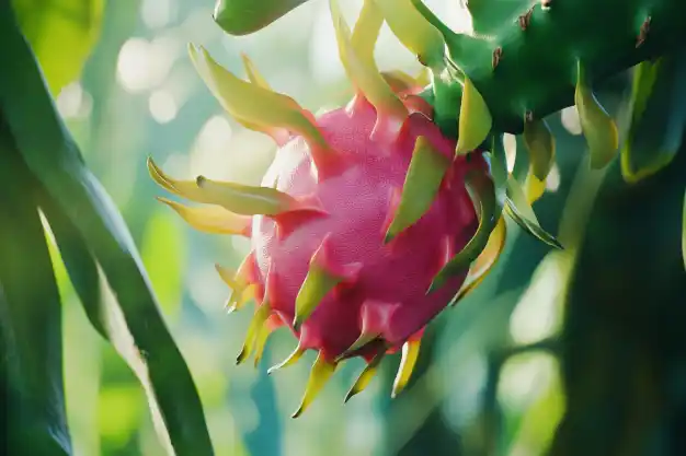 Close-up of a cluster of vibrant pink dragon fruits hanging on a cactus-like green plant