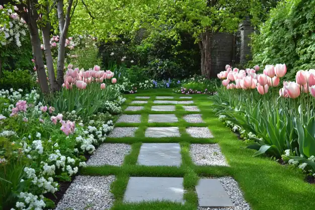 a beautifully landscaped garden path with stepping stones embedded in a neatly manicured grass pathway. On either side of the path, vibrant pink tulips and lush greenery create a serene, symmetrical design. Additional white flowers and dense foliage add texture and contrast, enhancing the tranquil garden ambiance. Tall trees provide a canopy of shade in the background.