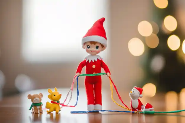 A cheerful elf toy dressed in a red outfit with a Santa hat, holding colorful strings, surrounded by small animal figurines on a wooden surface with a blurred festive background.