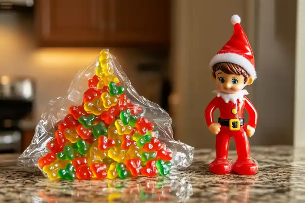 A red-clad elf figurine standing beside a clear plastic bag filled with colorful gummy bears arranged in the shape of a Christmas tree, placed on a kitchen countertop.

