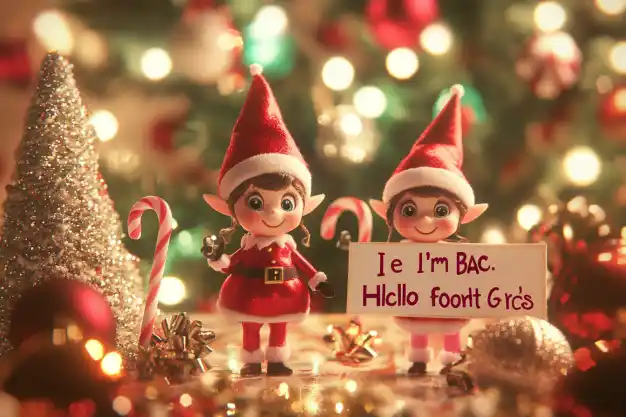 Two adorable elf toys wearing Santa outfits and hats, holding a festive sign with a colorful Christmas tree and ornaments in the background, surrounded by candy canes and glittering decorations.