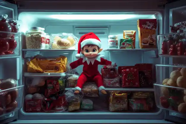 A playful Christmas elf sitting inside a well-stocked refrigerator surrounded by food items and holiday decorations.