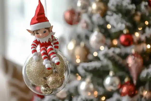 A festive elf perched inside a transparent ornament filled with golden baubles, hanging on a Christmas tree.