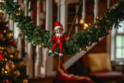 A mischievous Christmas elf sitting on a garland decorated with lights, with a festive room in the background.