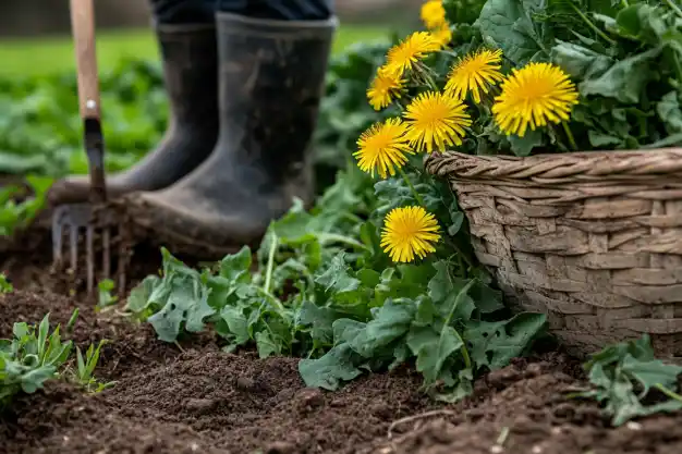 A close-up of a gardener's boots working the soil with a pitchfork near a wicker basket filled with bright yellow dandelion flowers and green leafy plants in a field.