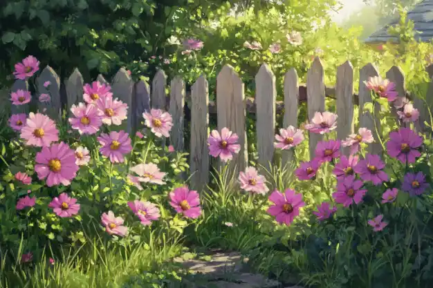 A charming garden scene with bright pink cosmos flowers blooming alongside a weathered wooden fence, bathed in soft sunlight.