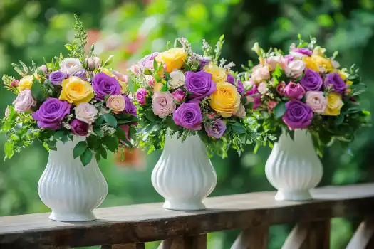 A beautiful trio of floral arrangements featuring vibrant yellow, purple, and pink roses in elegant white vases, set on a rustic wooden railing with a lush green background.