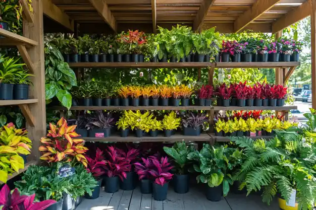 A wooden shelf adorned with vibrant potted plants, showcasing a gradient of colors from green to fiery red, creating a lively and inviting display.