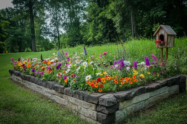 A charming raised garden bed filled with a riot of wildflowers in various colors, bordered with stone bricks and featuring a wooden birdhouse for added rustic appeal.