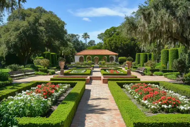 A meticulously designed formal garden featuring symmetrical flower beds bordered by manicured hedges, with a central pathway leading to a quaint terracotta-roofed pavilion in the distance.