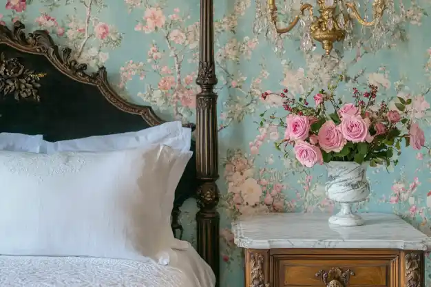 A classic bedroom with vintage charm, showcasing a carved dark wood bed frame, floral-patterned wallpaper, and a marble bedside table adorned with a vase of soft pink roses.