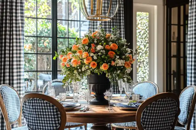 A vibrant dining room with a large floral arrangement of orange roses and white blossoms in a black vase, placed on a wooden round table surrounded by checkered fabric chairs and framed by black-paned windows.