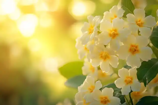 Close-up of delicate white flowers with yellow centers, glowing warmly in the golden sunlight with a blurred background of greenery