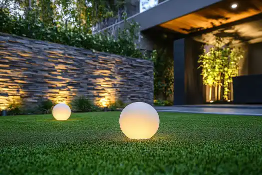 Two glowing spherical lights sit on a lush green lawn, complemented by a sleek stone wall with ambient lighting in a contemporary backyard setting.