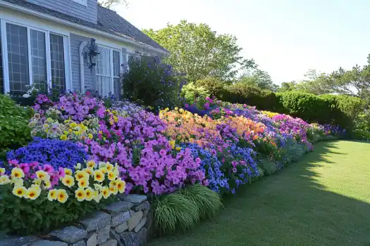 A cascade of colorful flowers lines the exterior of a charming home, creating a picturesque and cheerful garden landscape.