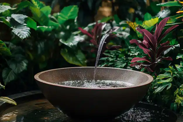  A minimalist bowl-shaped fountain surrounded by lush greenery provides a serene and refreshing focal point.