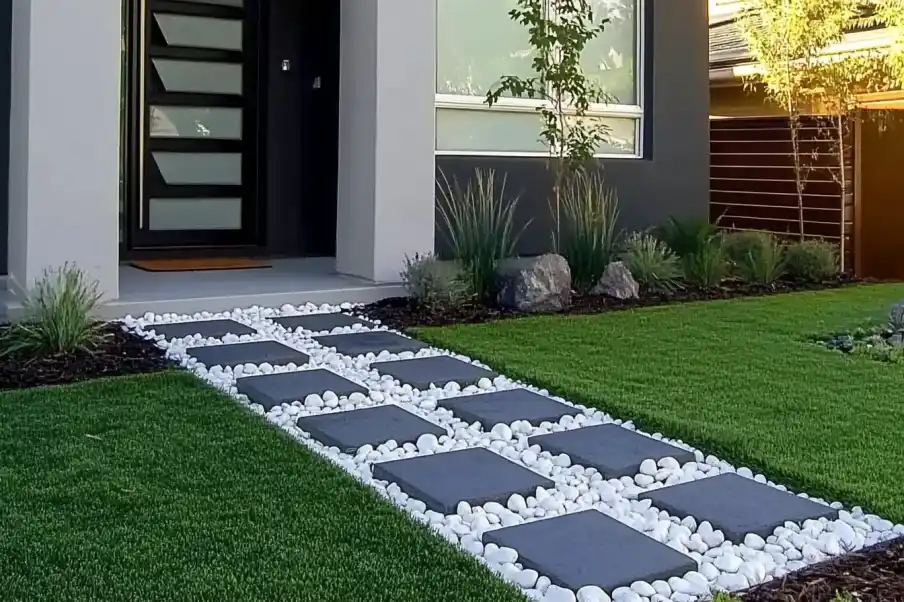 Modern front yard with a sleek black stone pathway, white pebbles, and a lush green lawn