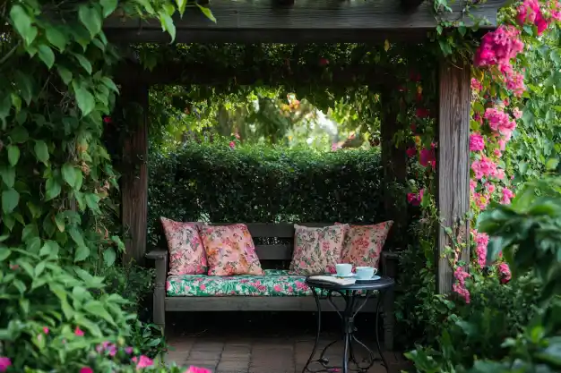 A serene garden bench surrounded by blooming pink climbing roses, nestled under a wooden pergola with leafy vines.