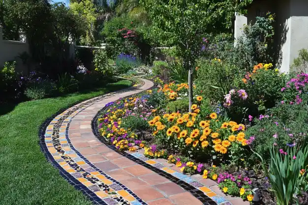 A colorful garden pathway lined with vibrant flowers and mosaic tiles, winding through lush greenery