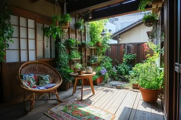 A cozy outdoor space with wooden flooring, adorned with potted plants, hanging greenery, a wicker chair, and a wooden table with a vibrant rug. Image