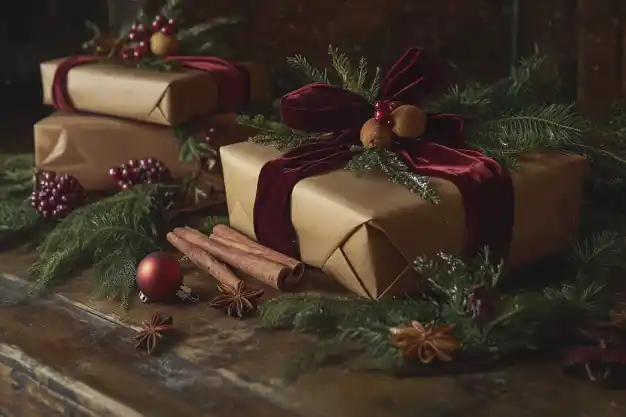 Elegant brown paper-wrapped gifts tied with burgundy velvet bows, decorated with pine sprigs, cinnamon sticks, and festive ornaments on a rustic wooden table.