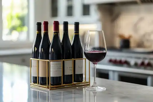 A sleek kitchen countertop featuring a gold wine rack holding several bottles of red wine alongside a glass filled with rich red wine, set against a modern kitchen backdrop.