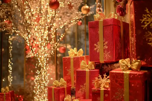 A festive display of red Christmas gift boxes adorned with golden ribbons and snowflake patterns, illuminated by warm twinkling lights in a cozy holiday setting