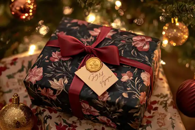 A beautifully wrapped Christmas gift in dark floral paper, accented with a red satin bow and a handwritten tag, surrounded by warm golden lights.